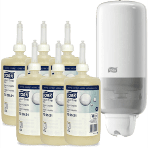 Kit: 1 Dispenser Branco + Sabonete Líquido Tork Suave 6 frascos